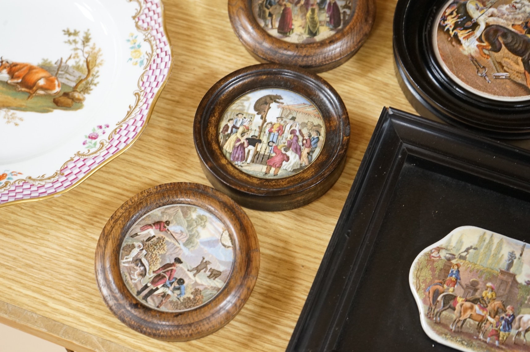 Ten various pot lids, including a rectangular shaped pot lid and frame; Wouvermann Pinx. 15cm wide not including frame.